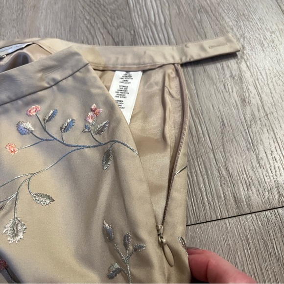 90s Silk capri embroidered pants fully-lined tan coral moss-green floral cropped - Picture 6 of 8